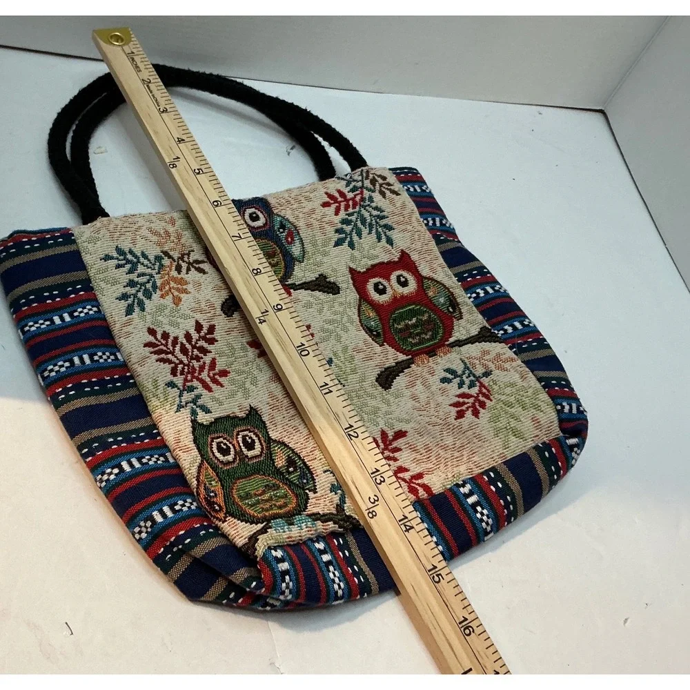 Vintage Owl Tapestry Tote Bag Boho Striped Woven Handbag Small